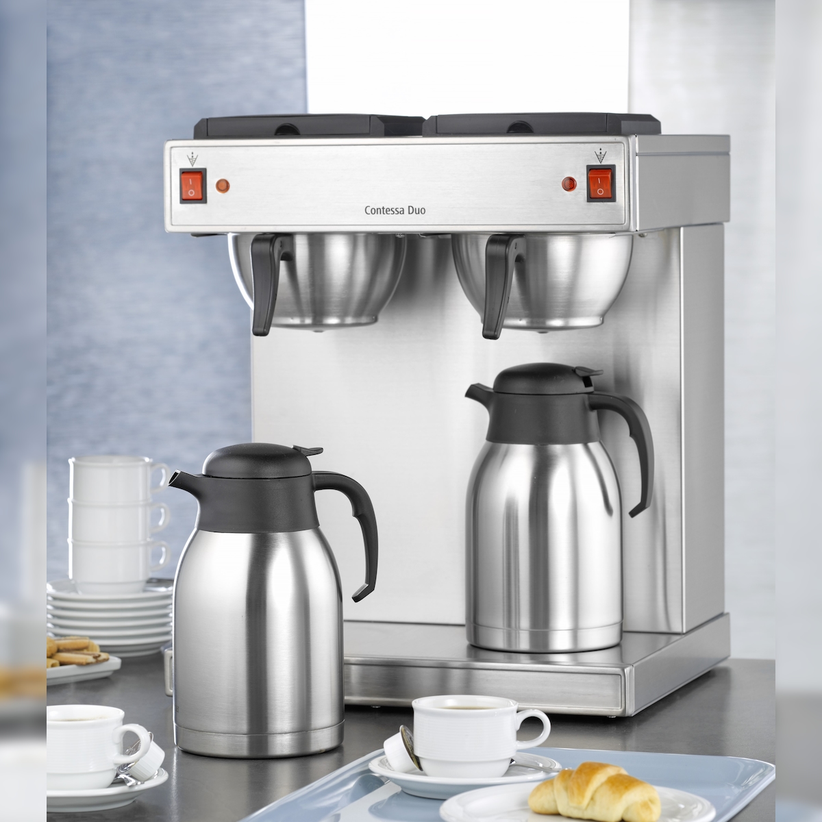 1 x Bartscher Doppel-Kaffeemaschine CONTESSA DUO, aus Chromnickelstahl mit 2 Edelstahl-Isolierkannen Breite: 430 mm, Tiefe: 400 mm, Höhe: 520 mm Image