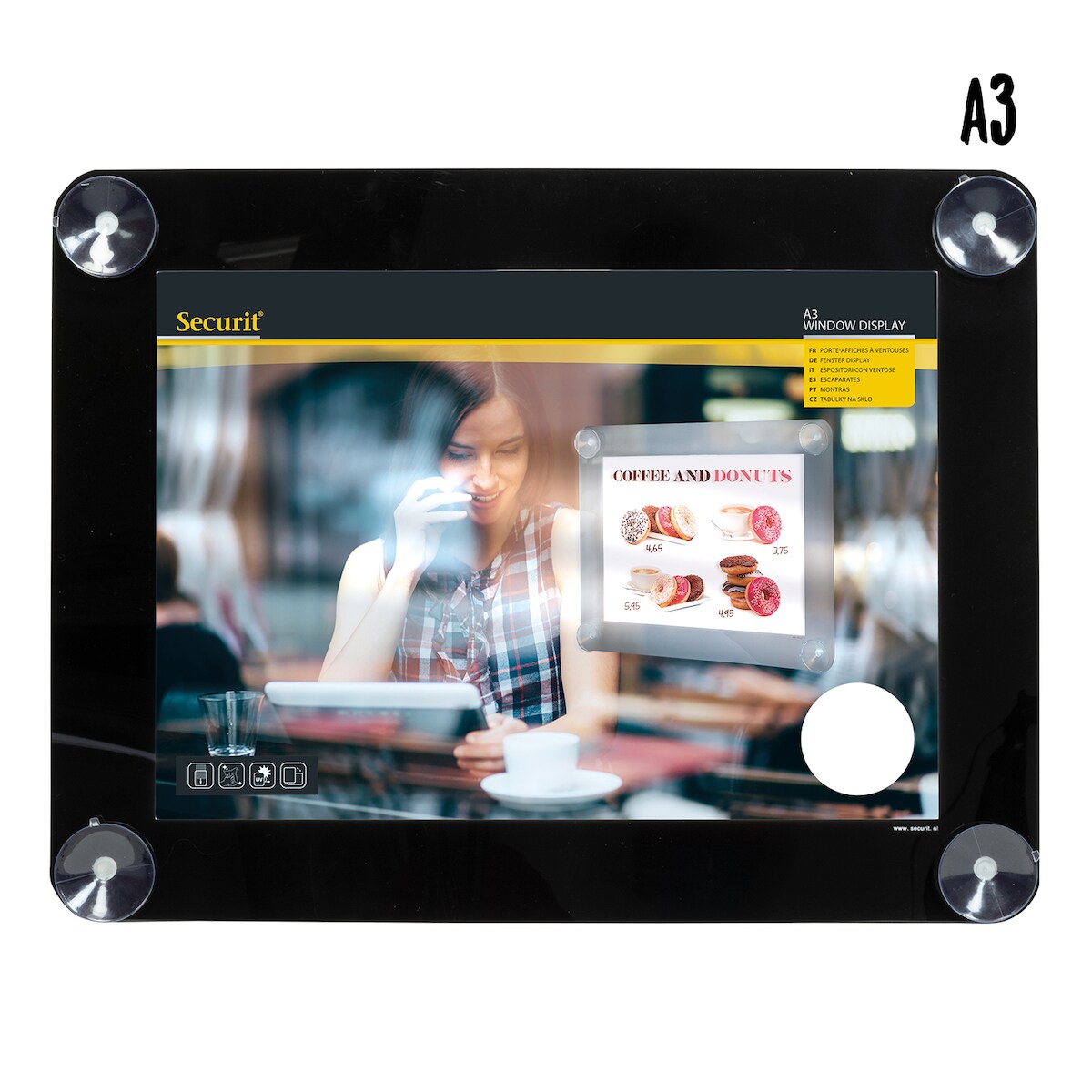 Securit® Plakathalter A3 für Schaufenster - Schwarz - Mit 4 Saugnäpfen - Beidseitig Image