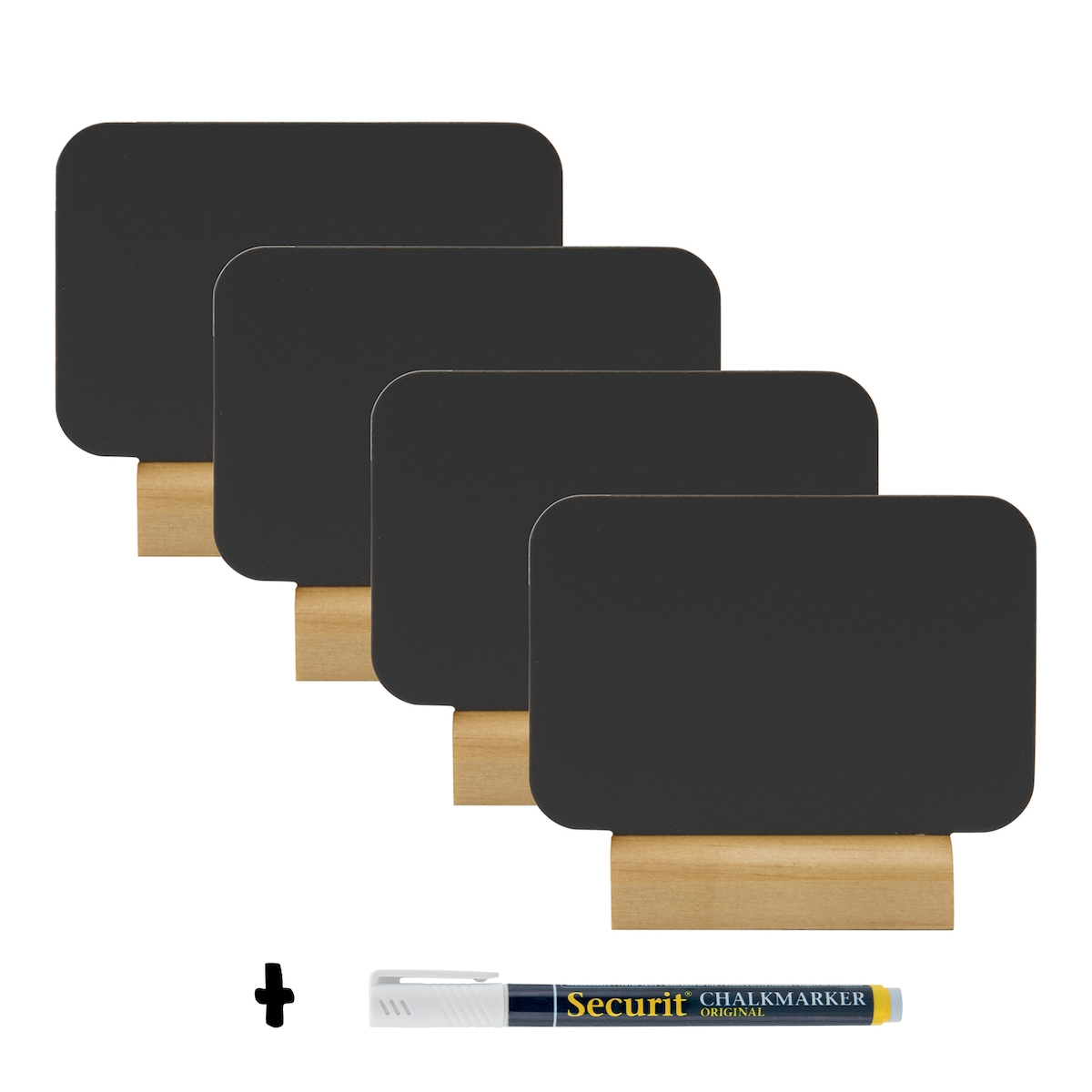 Securit® 4er-Set Mini-Tischtafeln - Rechteck-Silhouette - Holzsockel - Kreidestift inklusive Image