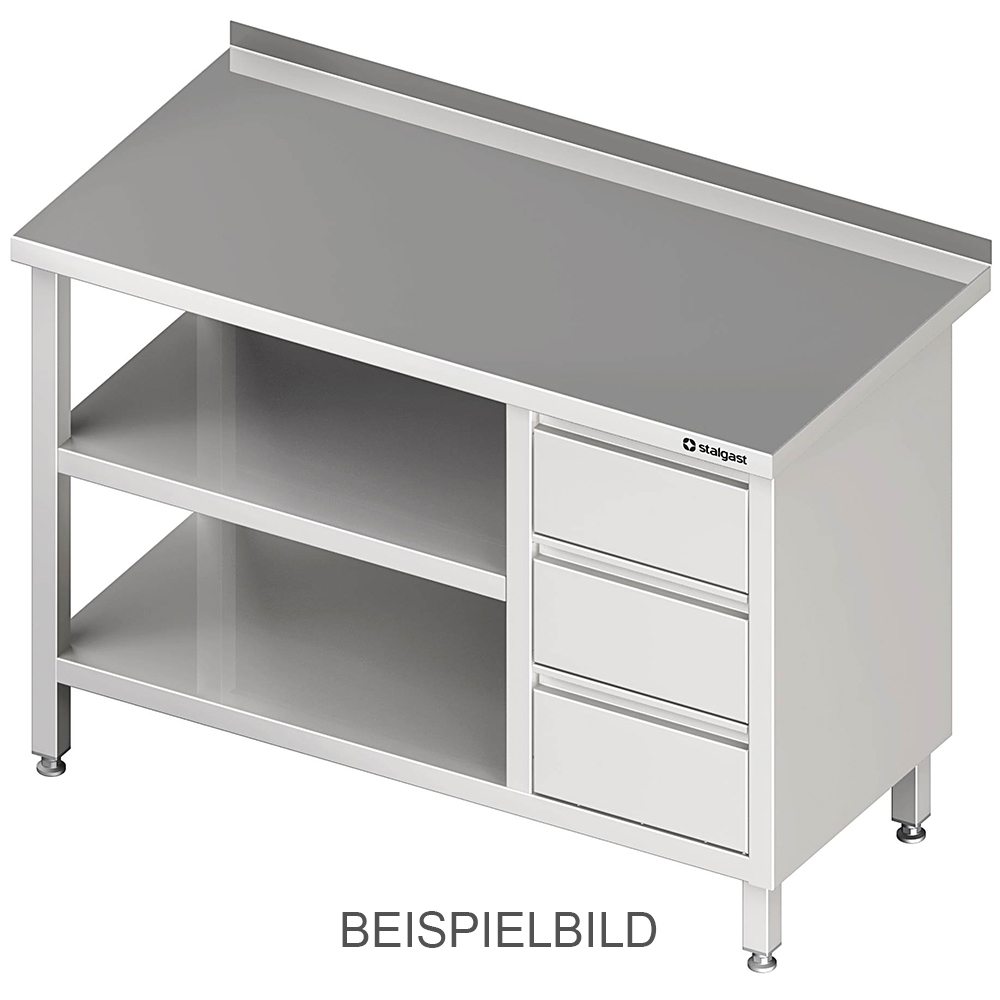 Stalgast Edelstahl Arbeitstisch mit Grund- und Zwischenboden, 1600x700x850 mm, mit 3er Schubladenblock rechts, ohne Aufkantung, verschweißt Image
