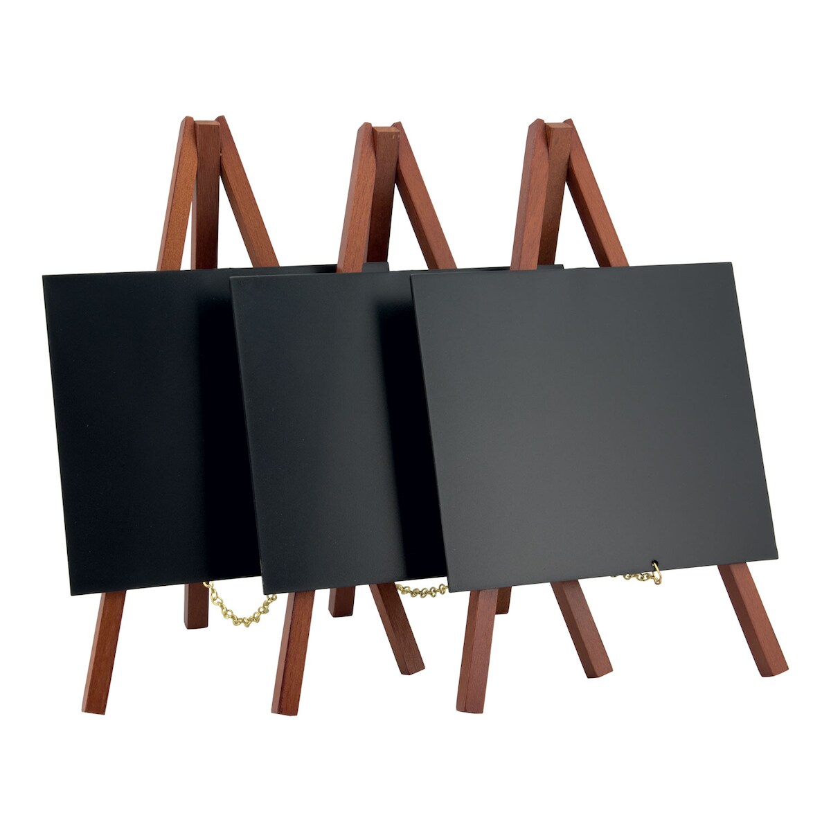 Securit® 3er-Set Mini-Tischtafeln auf Staffeleien – Holz mit mahagonifarbenem Lack-Finish Image