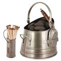 Coal Scuttle Bucket - Silver Finish Fireside Log Basket with Shovel and Matches Canister (CY89)