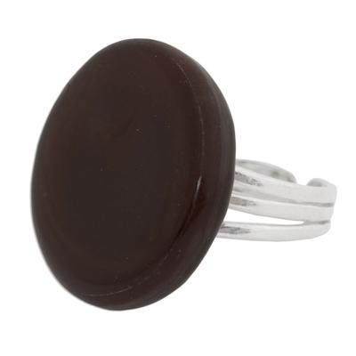 Gleaming Surface in Chestnut,'Circular Art Glass Cocktail Ring in Chestnut from Brazil'