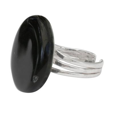 Gleaming Surface in Black,'Circular Glass Cocktail Ring in Black from Brazil'