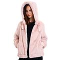 Geschallino Women's Soft Faux Fur Hooded Jacket, 2 Pockets Short Coat Outwear Warm Fluffy Fleece Tops for Winter, Spring, Pink, M