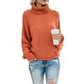 BLENCOT Women Oversized Jumper Solid Ribbed Sweater Lantern Sleeve Turtle Neck Sweatshirt, Y-orange, 14-16