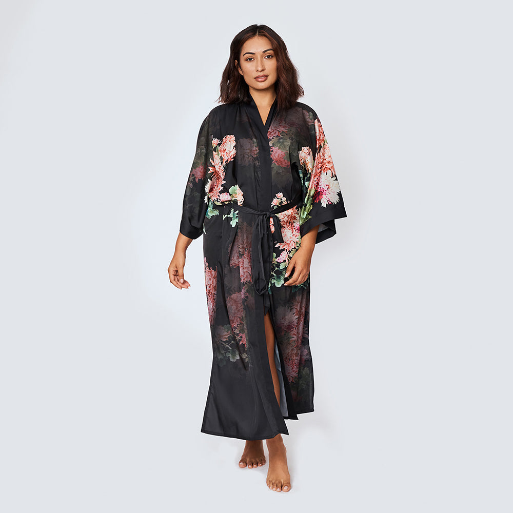 Coral Chrysanthemum Plus Size Long Kimono Robe | KIM+ONO - black (final sale) / plus size