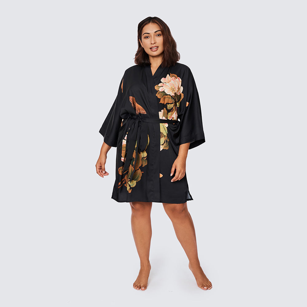Plus Size Peony & Butterfly Kimono Robe - Short | KIM+ONO - black (final sale) / plus size