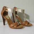 Nine West Shoes | Camel Tan Gold Leather Sandal Heels | Color: Gold/Tan | Size: 6