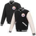 Men's JH Design Black/White Pittsburgh Steelers 19 Mens Reversible Fleece Jacket W/ Faux Leather Sleeves