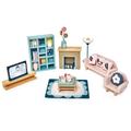 Tender Leaf Toys Dolls House Sitting Room Furniture - Wooden Sitting Room Furniture with Fireplace, Bookcase, TV, Sofa, Chair and Coffee Table for Dolls 10-12cm Tall