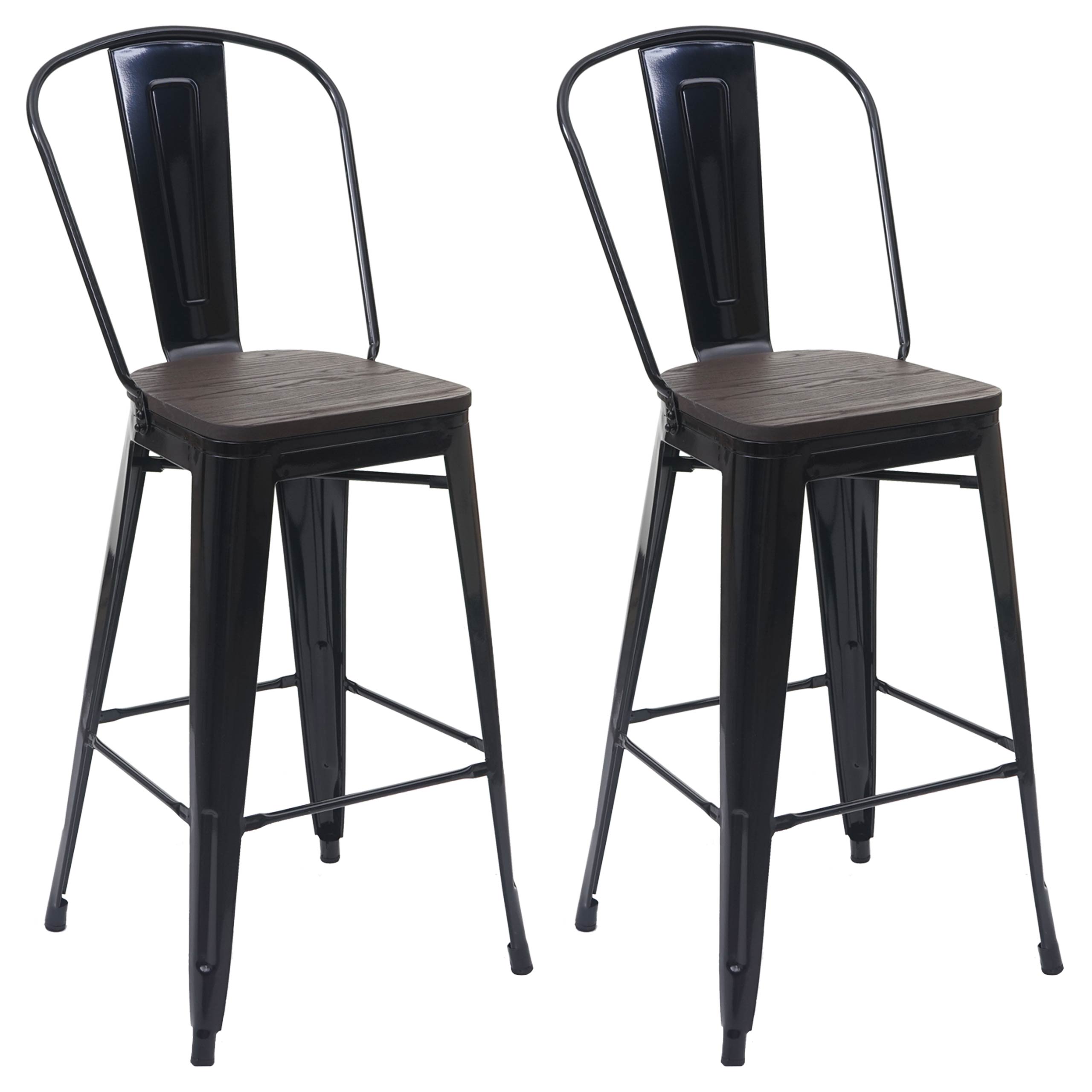2er-Set Barhocker HWC-A73 inkl. Holz-Sitzfläche, Barstuhl Tresenhocker mit Lehne, Metall Industriedesign ~ schwarz