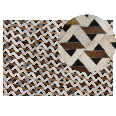 Teppich Braun mit Grau 140 x 200 cm aus Leder mit ZickZack Muster Maschinengewebt Modern Landhausstil