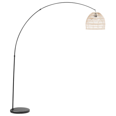 Stehlampe Schwarz Metall 195 cm Rattanschirm Beige Marmorfuß Kabel mit Schalter Bogenlampe Boho Look