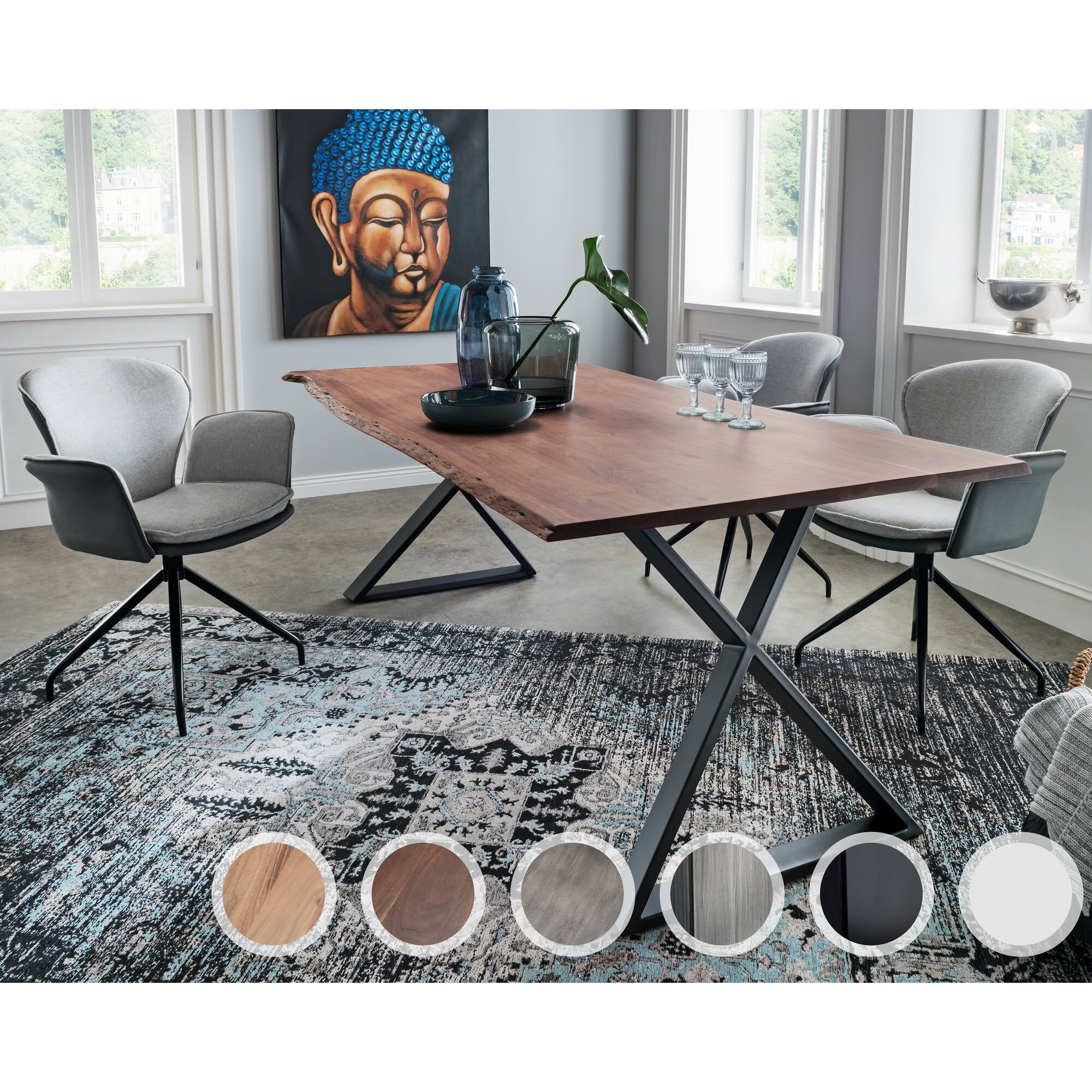 Massivholz »Thor« Akazie Baumkante-Tisch IV 180x100 cm / 35mm / Akazie natur / Metall vernickelt edelstahlfarbig gebürstet Image