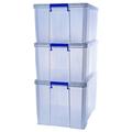 BANKERS BOX Plastic Storage Boxes with Lids, Pack of 3, 2 x 70 Litre + 1 x 85 Litre. ProStore Strong Stackable Plastic Storage Boxes, Made in the UK, Clear