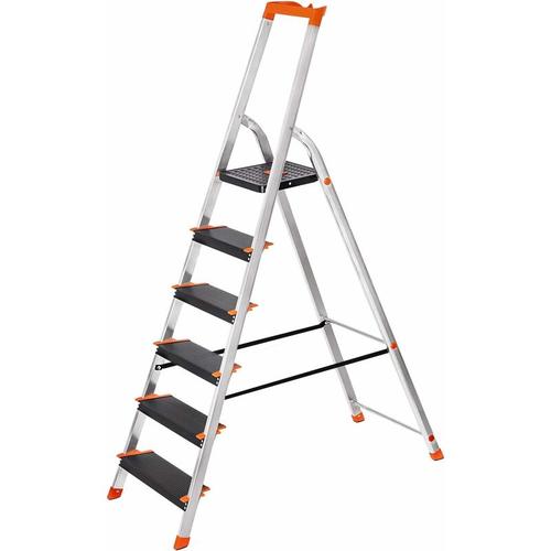 Leiter 6 Stufen, Aluleiter mit 12cm breiten Stufen, Stehleiter mit Werkzeugschale, Klappleiter mit