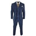 Mens 3 Piece Blue Tweed Check Suit 1920's Peaky Blinders Tailored Fit - Blue Short 42