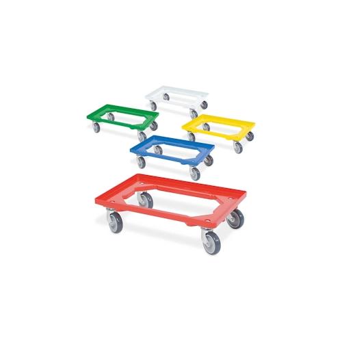 Set, 5x Logistikroller/Kistenroller für Behälter 600 x 400 mm, je 1 Roller in blau, gelb, grün, rot, weiß