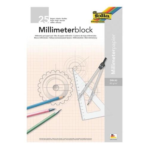 folia 5er-Pack Millimeterpapier A3, je 25 Blatt weiß