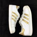 Adidas Shoes | Adidas Superstar White Gold Stripe Leather Kids 2 | Color: Gold/White | Size: 2g