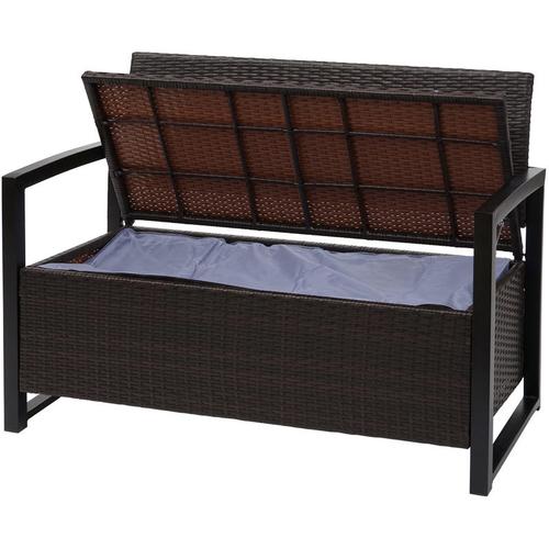 Poly-Rattan 2er Sitzbank HHG 564, Gartenbank Truhenbank, Staufach Aufbewahrung Sitzkissen braun,