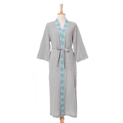 Blue Diamonds,'Diamond Embroidered Cotton Robe in Ash from Thailand'