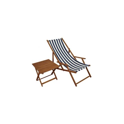 Liegestuhl blau-weiß Gartenstuhl Tisch Deckchair Buche dunkel Strandstuhl klappbar 10-317 T