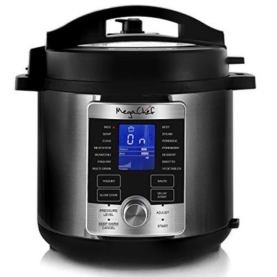 Megachef Electric Stainless Steel Brushed Digital Pressure Cooker with Lid, 6 Quart, Chrome and Blac