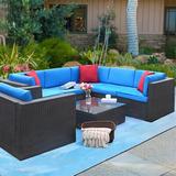 Ebern Designs Tuscarora 7 Piece Rattan Sectional Seating Group w/ Cushions Synthetic Wicker/All - Weather Wicker/Wicker/Rattan in Brown | Outdoor Furniture | Wayfair