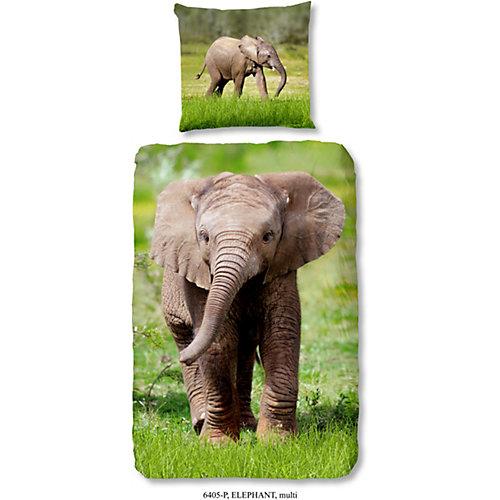 Wende-Kinderbettwäsche Elefant, Renforcé, 135 x 200 cm grün/grau