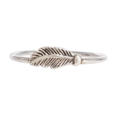 Fallen Feather,'Slender Sterling Silver Band Ring with Feather'
