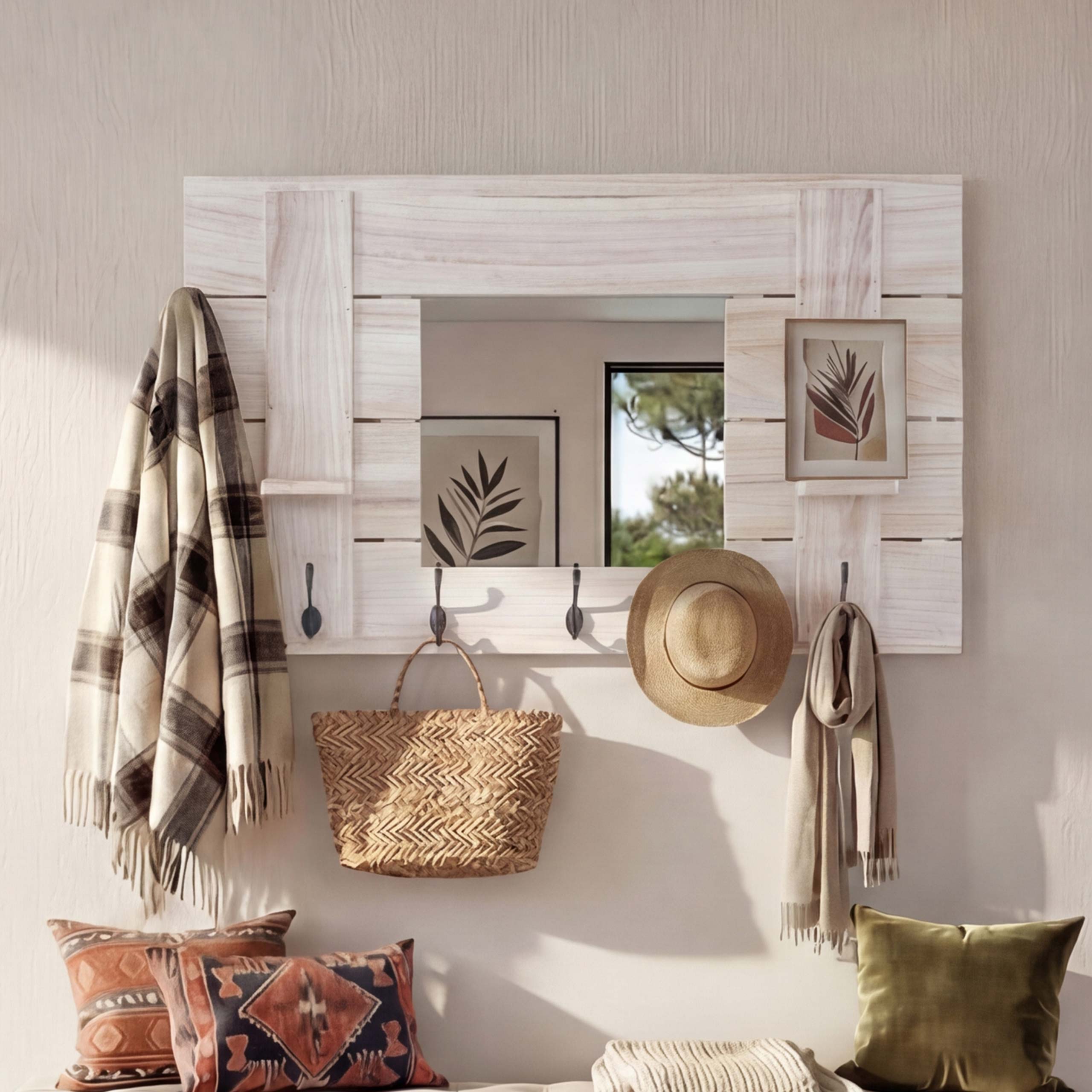 Wandgarderobe HWC-C89 mit Spiegel, Garderobenpaneel Garderobe, Shabby-Look Vintage, 5 Haken 90x60cm ~ naturbraun