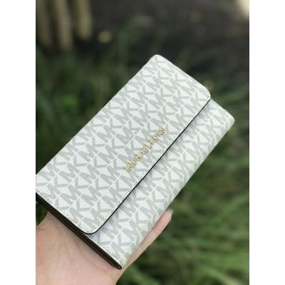NWT MICHAEL KORS JET SET TRAVEL LARGE TRIFOLD MK SIGNATURE WALLET VANILLA BROWN