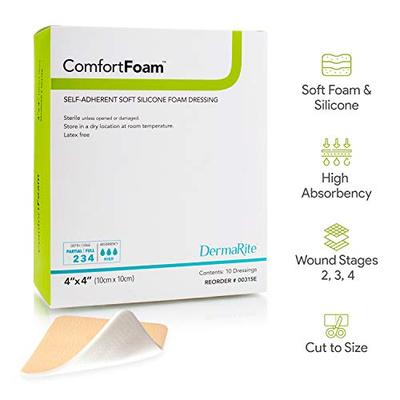 Dermarite Industries Comfort Foam, Foam with Silicone, 4x4, 10 Count