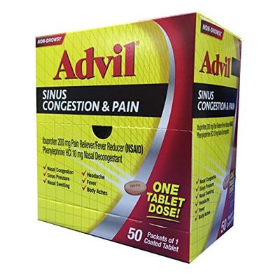 Advil Sinus Congestion & Pain Dispenser Box, 50 Packets of 1 Coated Tablet (Pack of 2)