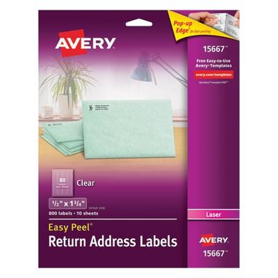 Avery AVE15667 Easy Peel Mailing Labels For Laser Printers, 1/2" x 1-3/4", Clear, 800 Per Pack