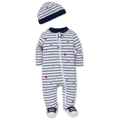 Little Me Baby Boys 2-Pc. Sports Star Hat & Footed Coverall Set - Navy Stripe