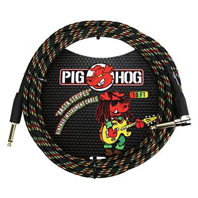 Pig Hog PCH10RAR 1/4" to 1/4" Right-Angle Rasta Stripes Guitar Instrument Cable, 10 Feet