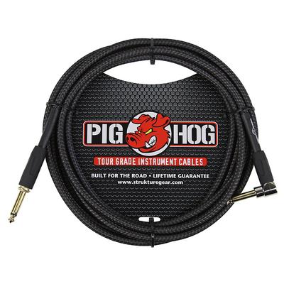 Pig Hog Instrument Cable Black Woven 1/4 To 1/4 Right Angle 10 Ft. Black Woven