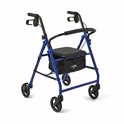 Medline Steel Foldable Adult Transport Rollator Mobility Walker with 6" Wheels, Blue