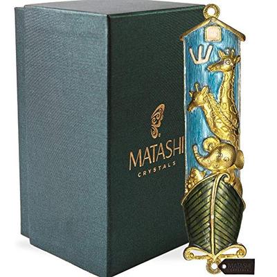 Matashi Hand Painted Mezuzah Gold Plated and Crystals (Blue Enamel)