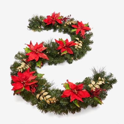 Pre-Lit Poinsettia Garland by BrylaneHome in Red 72 inch Holiday Decoration