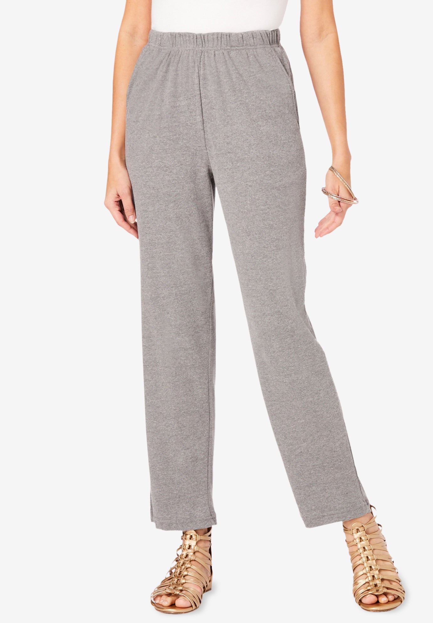 Plus Size Women's Plus Size Straight Leg Soft Knit Pull On Pant by Roaman's in Medium Heather Grey (Size 1X) Pull On Elastic Waist