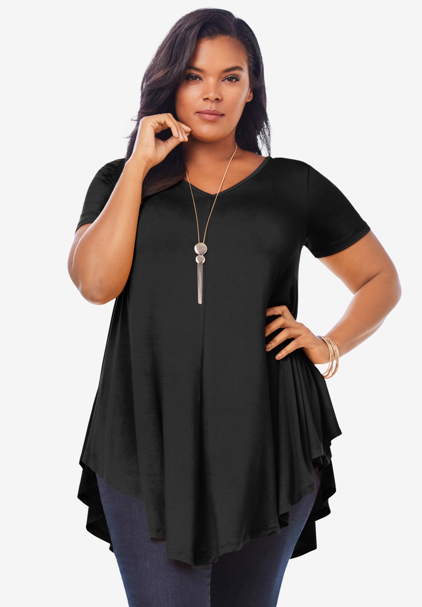Plus Size Women's Plus Size Ultra Drape V-Neck Swing Tunic Top by Roaman's in Black (Size 12) Short Sleeve V-Neck Shirt