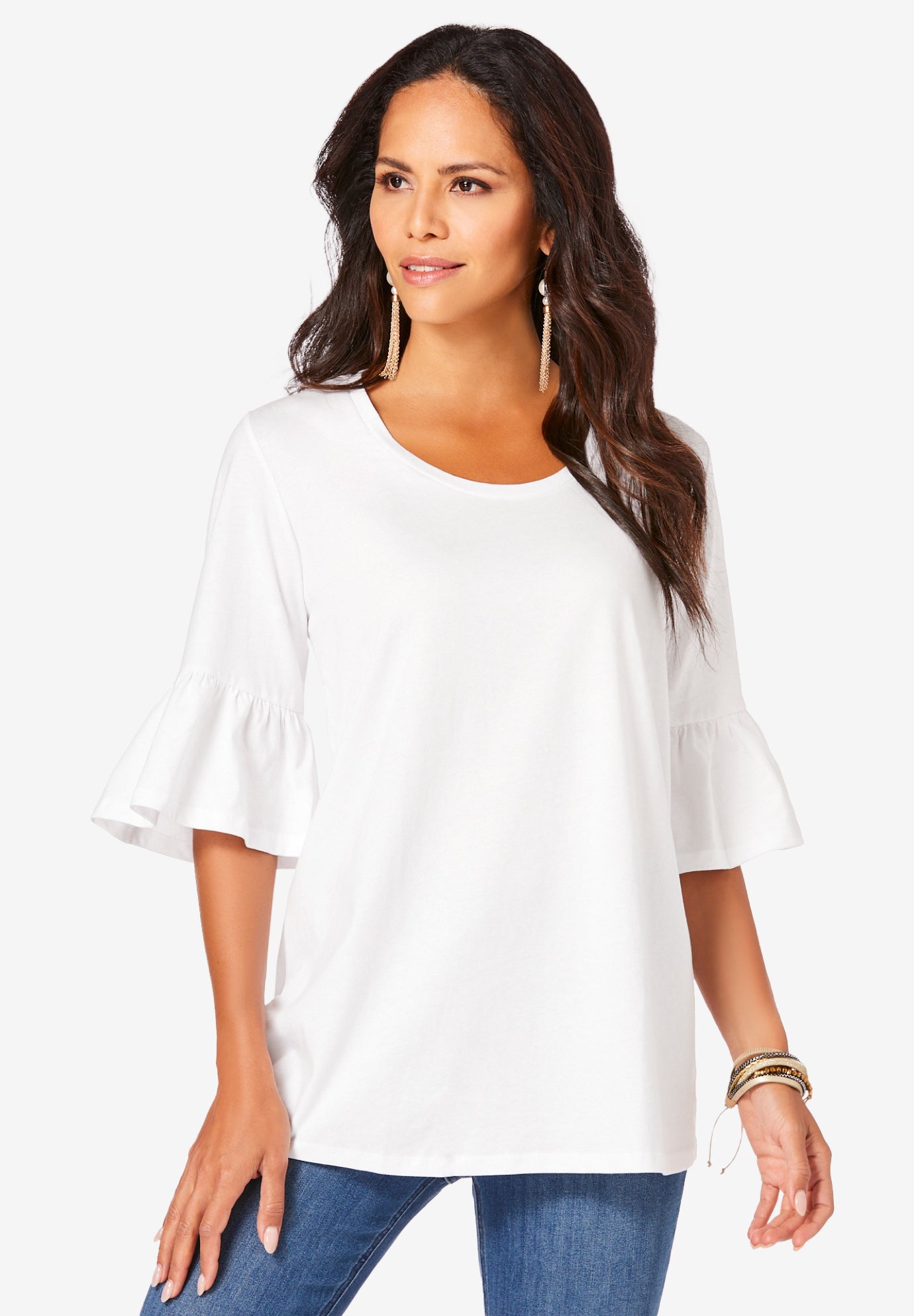 Plus Size Women's Plus Size Cotton Ultimate Bell Sleeve Tee by Roaman's in White (Size 34/36) Shirt