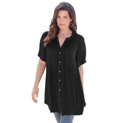 Plus Size Women's Plus Size Angelina Tunic Top - Short Sleeve, Flowy Fit, Everyday Comfort by Roaman's in Black (Size 26 W) Long Button Front Shirt