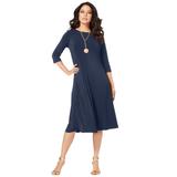 Plus Size Women's Ultrasmooth® Fabric Boatneck Swing Dress by Roaman's in Navy (Size 26/28) Stretch Jersey 3/4 Sleeve Dress