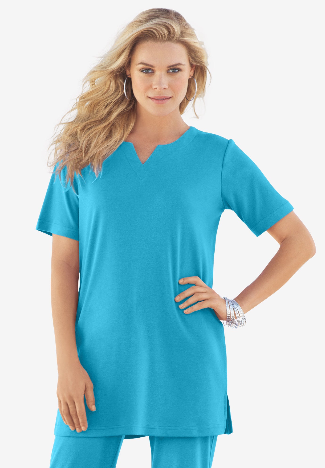 Plus Size Women's Plus Size Soft Knit Tunic with Notch Neckline by Roaman's in Ocean (Size 2X) Short Sleeve T-Shirt