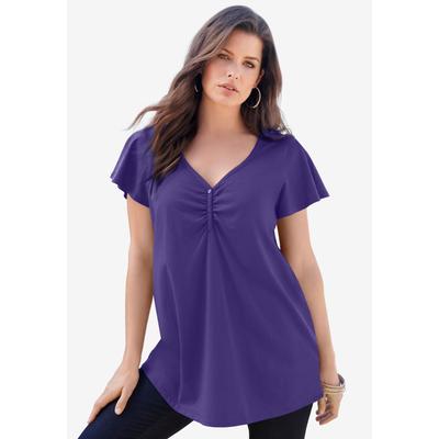 Plus Size Women's Plus Size Cotton Ultimate Flutter Sleeve Sweetheart Tee by Roaman's in Midnight Violet (Size 12) Long T-Shirt Top